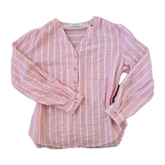 Yidarton Women’s Pink White Striped Blouse Size Large V-Neck Long Sleeve Linen - Picture 5 of 8